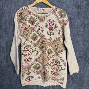 Tiara Sweater Women M Beige Floral Jacquard Knit Embroidered Cottage Grandma